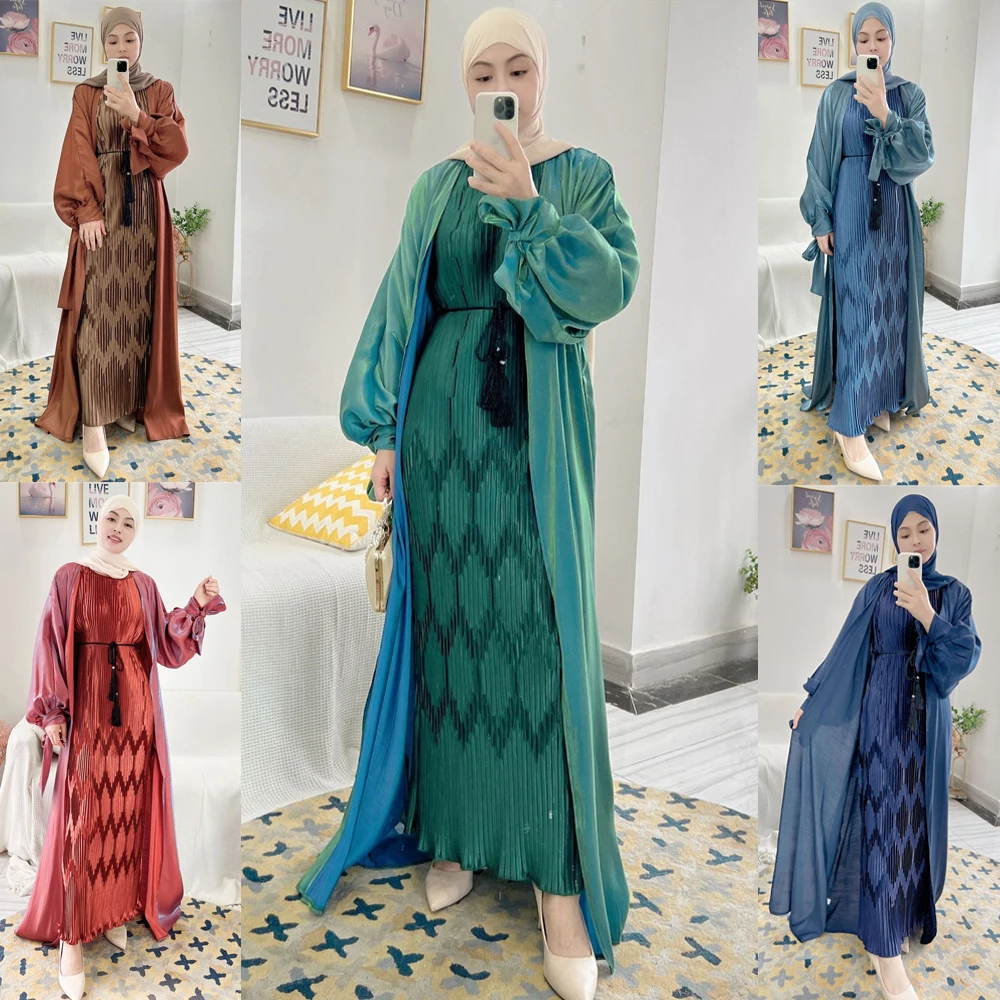 

Мусульманское блестящее платье с открытой абаей и пышными рукавами, турецкий Дубай, исламский кафтан, арабский женский Рамадан, кардиган, халат, кимоно, платья