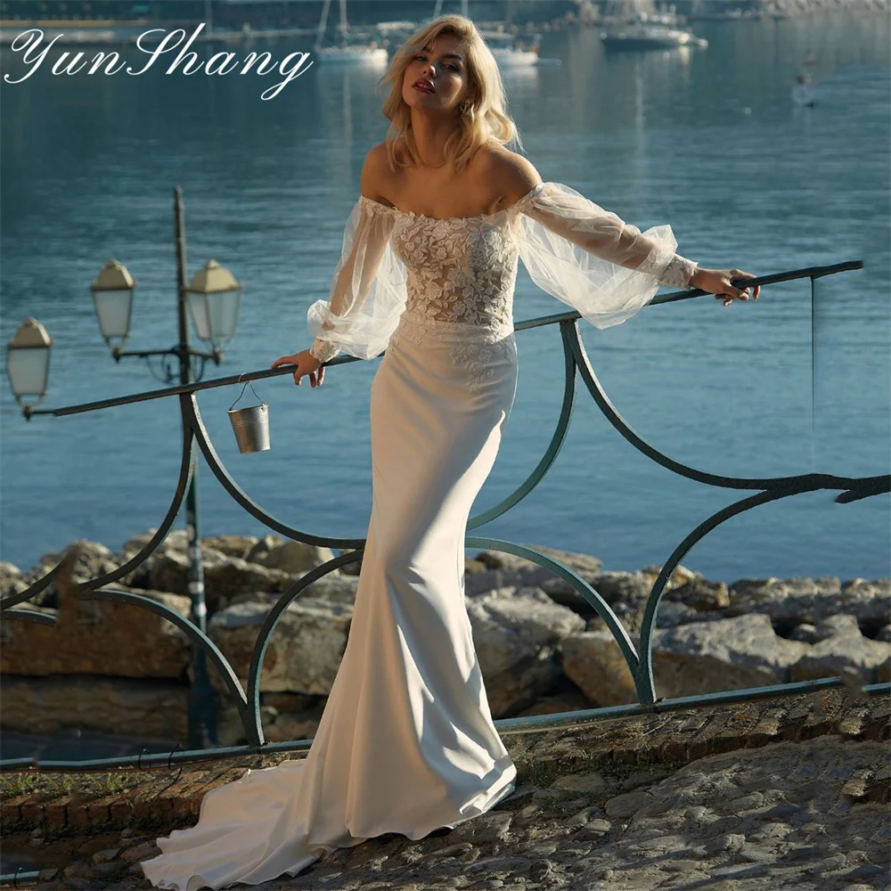 

Yunshang Mermaid Elegant Wedding Dresses Strapless Lace Off The Shoulder Long Sleeves Bridal Gowns Sweep Train Vestidos De Novia