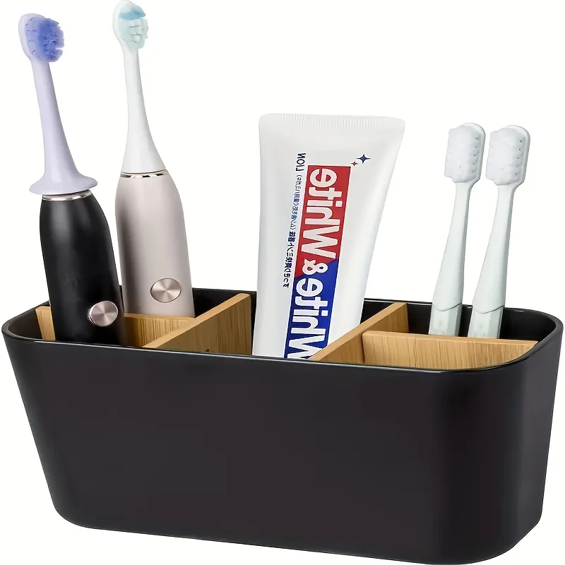 5-Slot Black Plastic Toothbrush Holder with Dividers - Lightweight, Countertop Organizer-Toothbrush Holder for Bathroom
