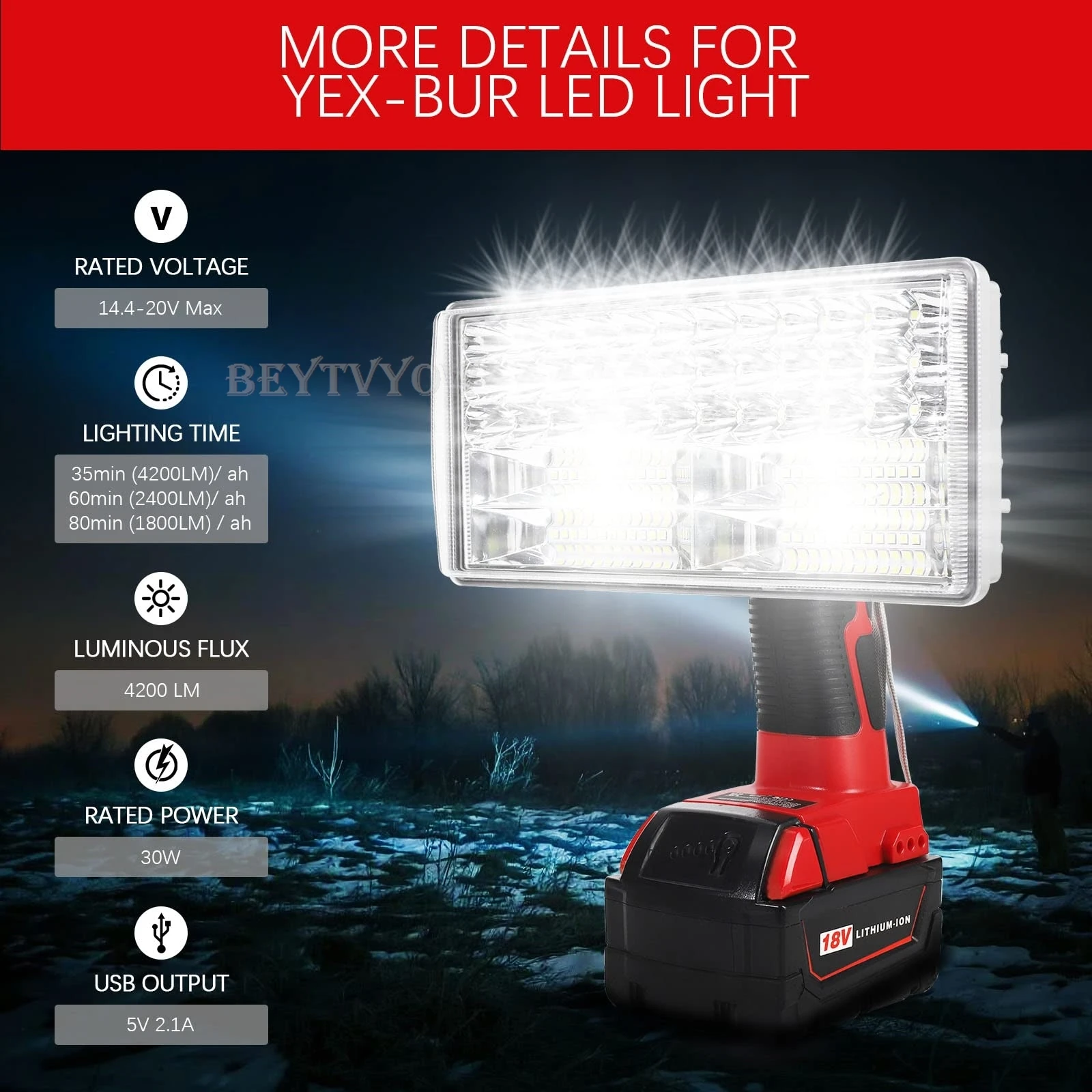 4200LM LED Work Light Compatible with Milwaukee 18v Battery Portable Floodlight