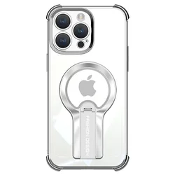 Luxury Transparent Armor Phone Case with Hidden Folding Stand and Magnetic Features - Enhanced Protection Cover - iPhone 15 (Silver)