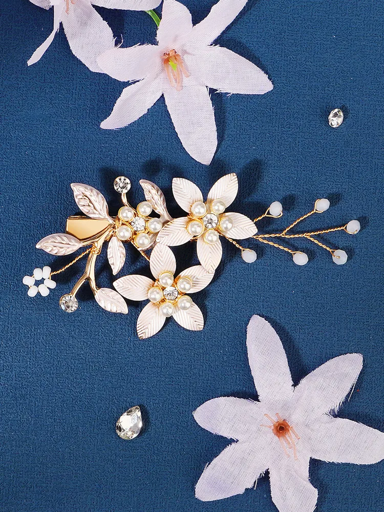 Handgemachte Perle Blume Haars pangen für Frauen Haarnadeln Braut Hochzeit Haarschmuck Kristall Gold Farbe Braut Kopf bedeckung Geschenk – Detail 8