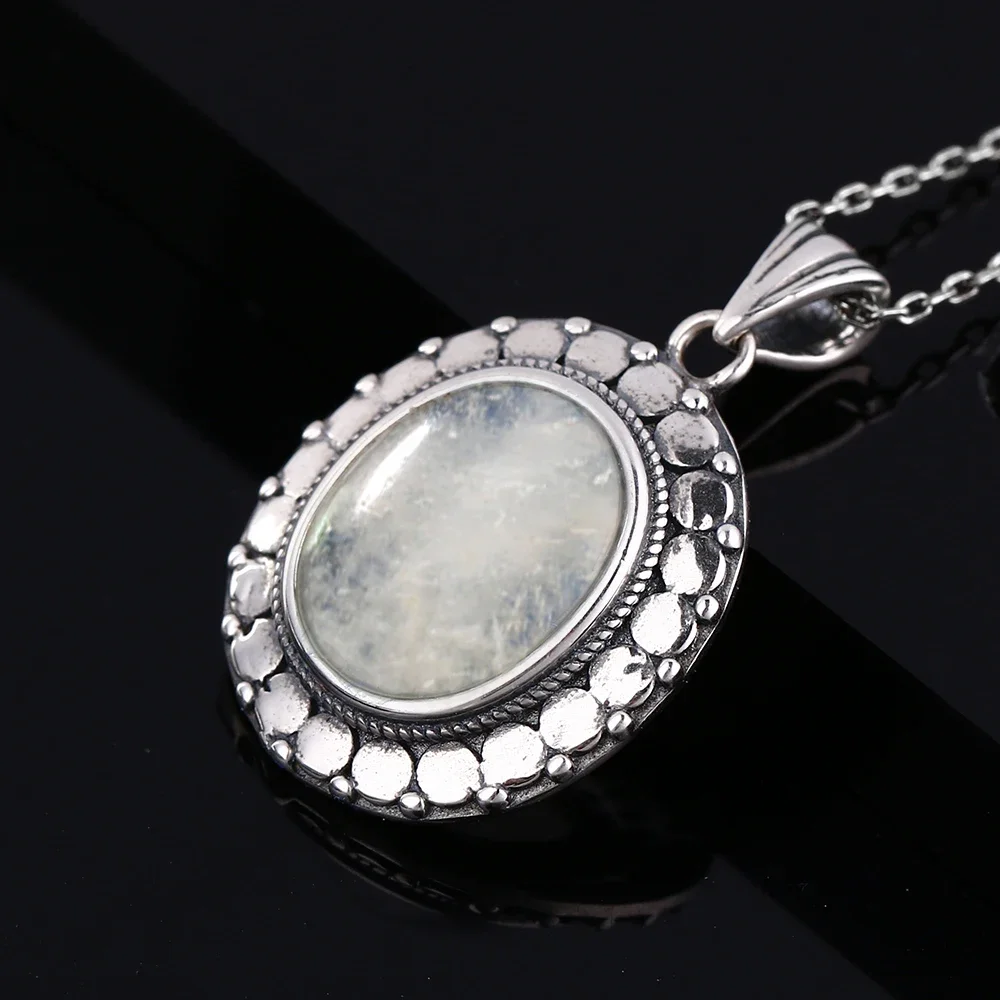 Natural Large Oval 10*12MM Moonstone Necklace 925 Silver Pendant Necklace for Women Vintage Luxury Wedding Party Gift
