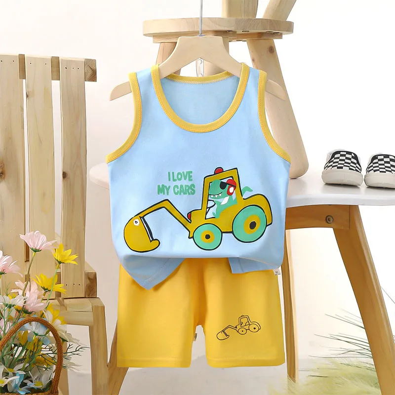 Boys Vest Set Summer Cotton Children's Sleeveless Cartoon Wool Comfort Class A Thin Two-piece for 6-9months