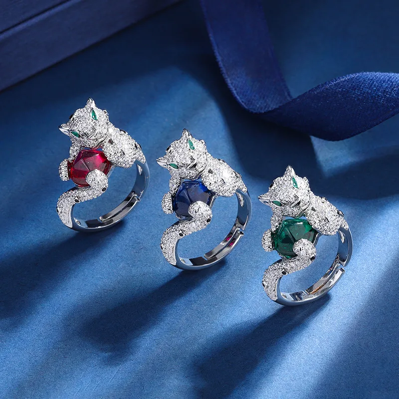 

Retro Pagoda Red High Carbon Diamond Leopard Tiger Ring Adjustable Womens Jewelry Trends Luxury Fashion Nordic Birthday Present