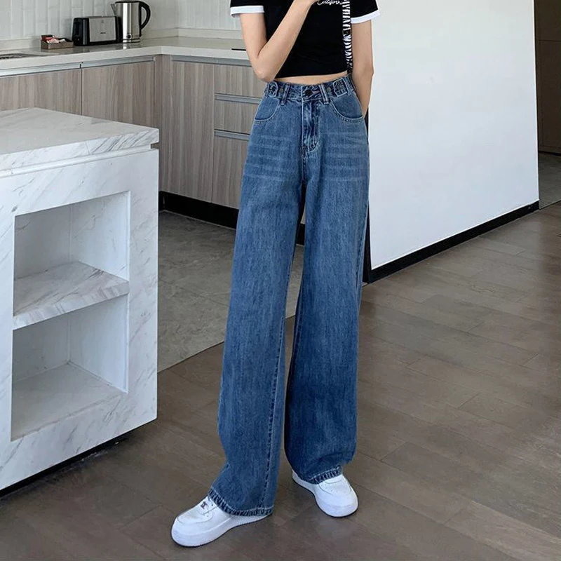 Jeans Woman Clothes Autumn Korean Fashion Comfortable Loose Straight Denim Women's Pants High Waist Solid Color Streetwear 2022 bootcut jeans