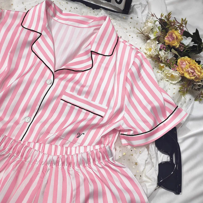 Ling 2PCS Short Sleeved Set for Summer Pink Striped Pajamas Fashion Women's Home Wear Ice Silk Satin Lingerie Sleepwear Women