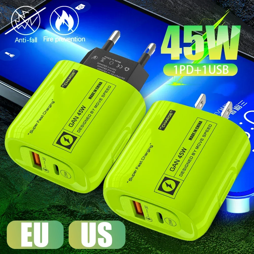High-Speed 45W GaN Fast Charging Wall Adapter with USB Type C – Universal EU/US/UK Plug