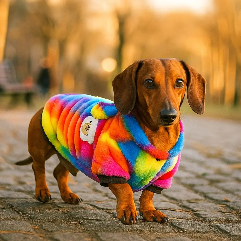 Fashion Thick Pet Dog Hoodie Warm Rainbow Puppy Pullover Soft Fleece Dog Sweatshirt Outdoor