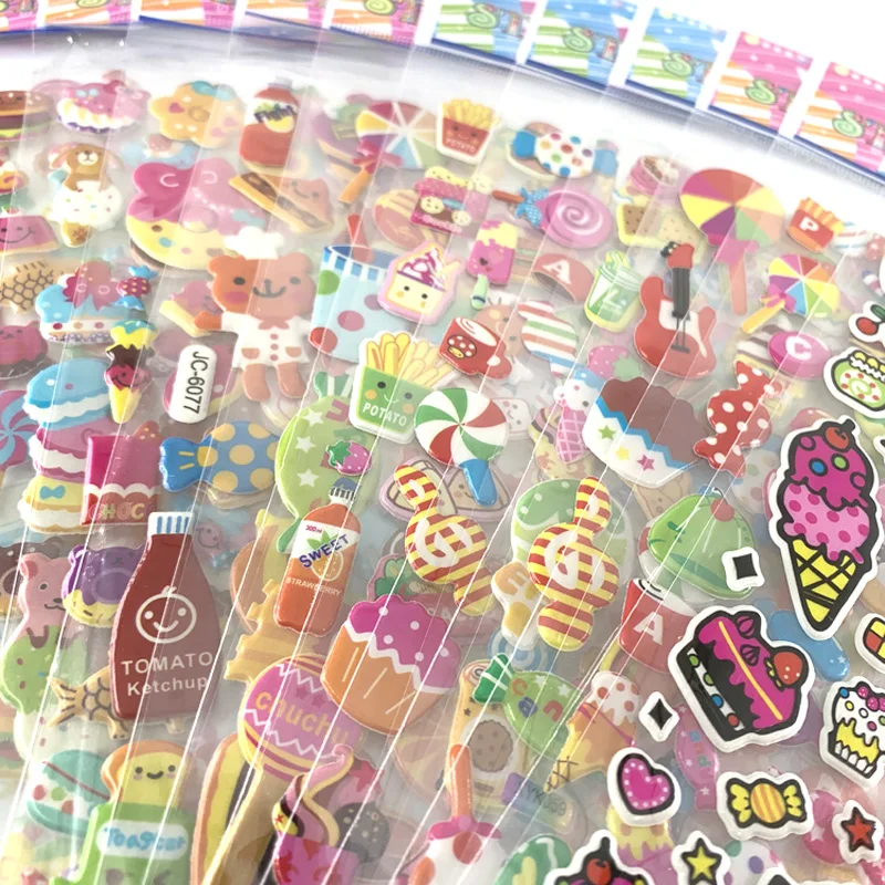 Cartoon Stickers 3D Stickers Kawaii Stickers 12 Sheets/Pack Cartoon Cake Candy Ice Cream Pattern Stickers Toy Kids Scrapbooking Bubble PVC