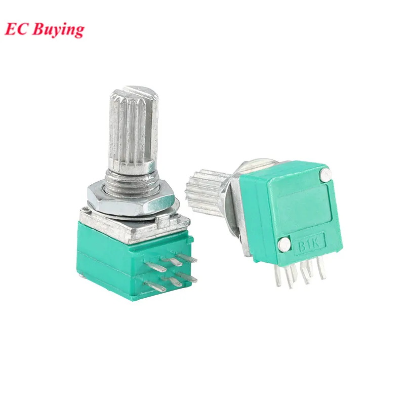 5pcs Double Potentiometer 6PIN RK097G B1K B5K B10K B20K B50K B100K B500K 1K 5K 10K 20K 50K 100K Ohm Handle 15mm Audio Amplifier