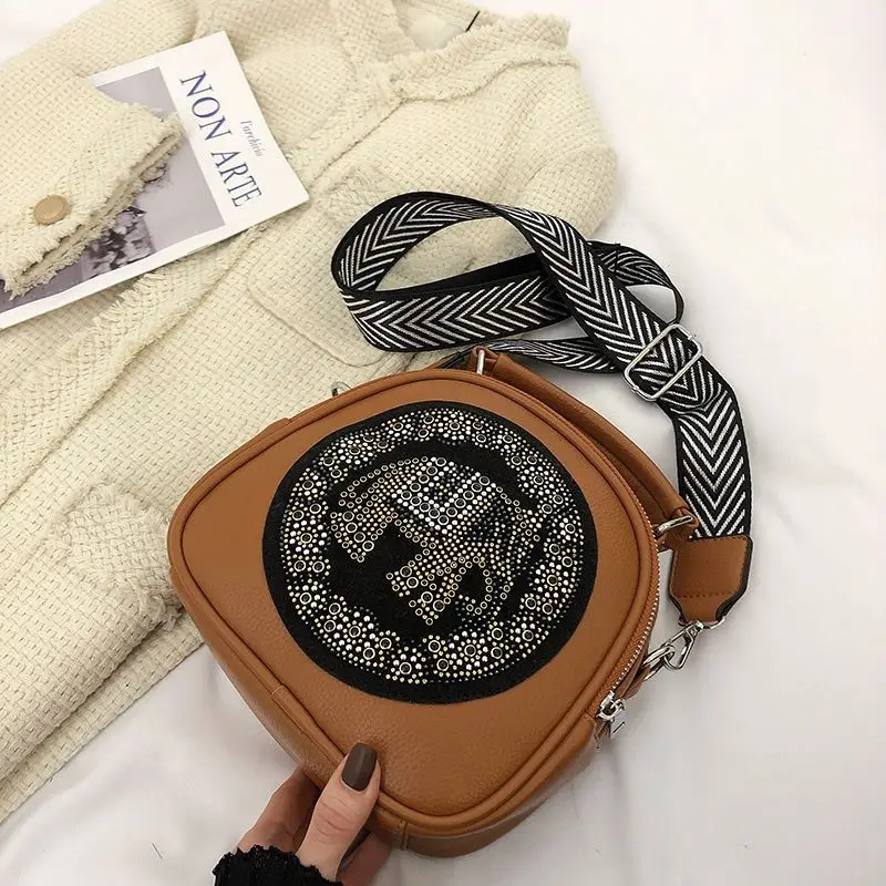 Vintage Fashion Shell Lock Diamond Elephant Bag Bags PU Leather Wide Strap Women Shoulder Crossbody Bag Women's Handbags Purses