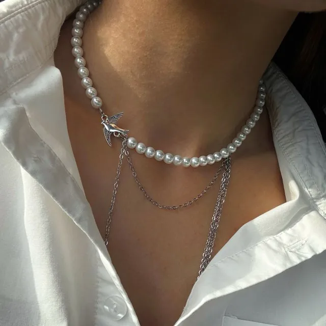 Collier élégant avec pendentif en chaîne à pampilles multicouches pour femmes, Vintage, créatif, Imitation de perles, ras du cou, bijoux de mariage 1