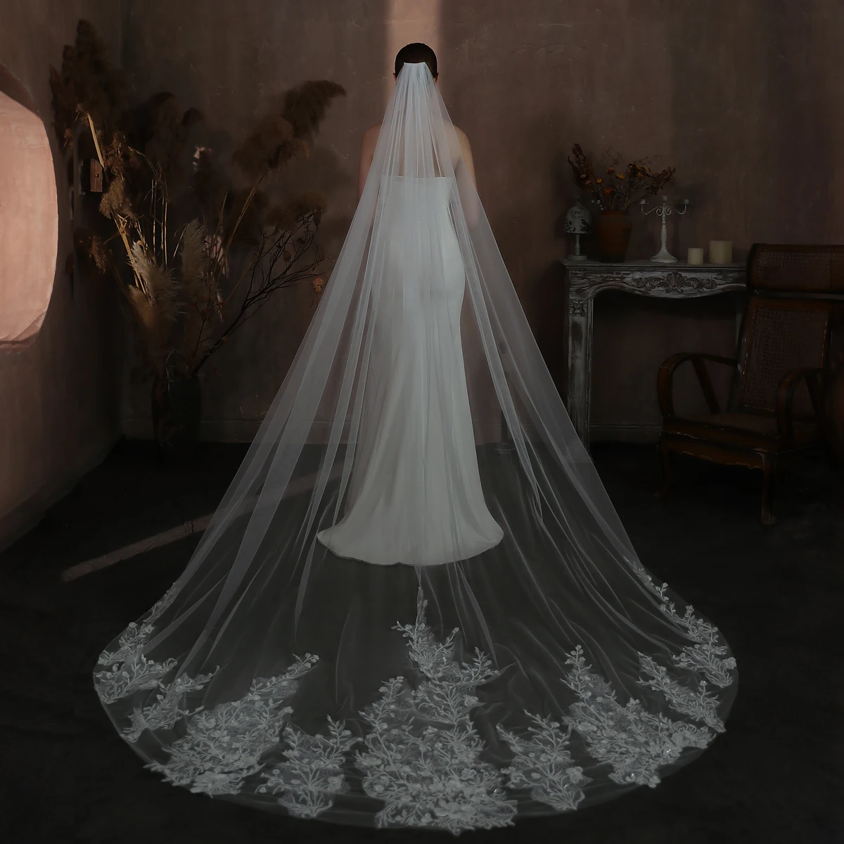 

Luxurious Wedding Bridal Cathedral Veil Soft Tulle Sequins-Lace Appliqued White Handmade Brides Veil with Long Floor Train V688