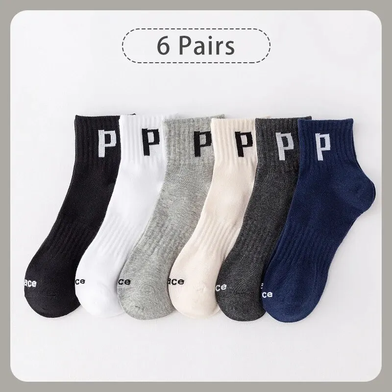 6 Pair Women's and Men's Unisex Spring/Summer Four Seasons Letter P Simple Fashion Trend Sports Comfortable Socks 2