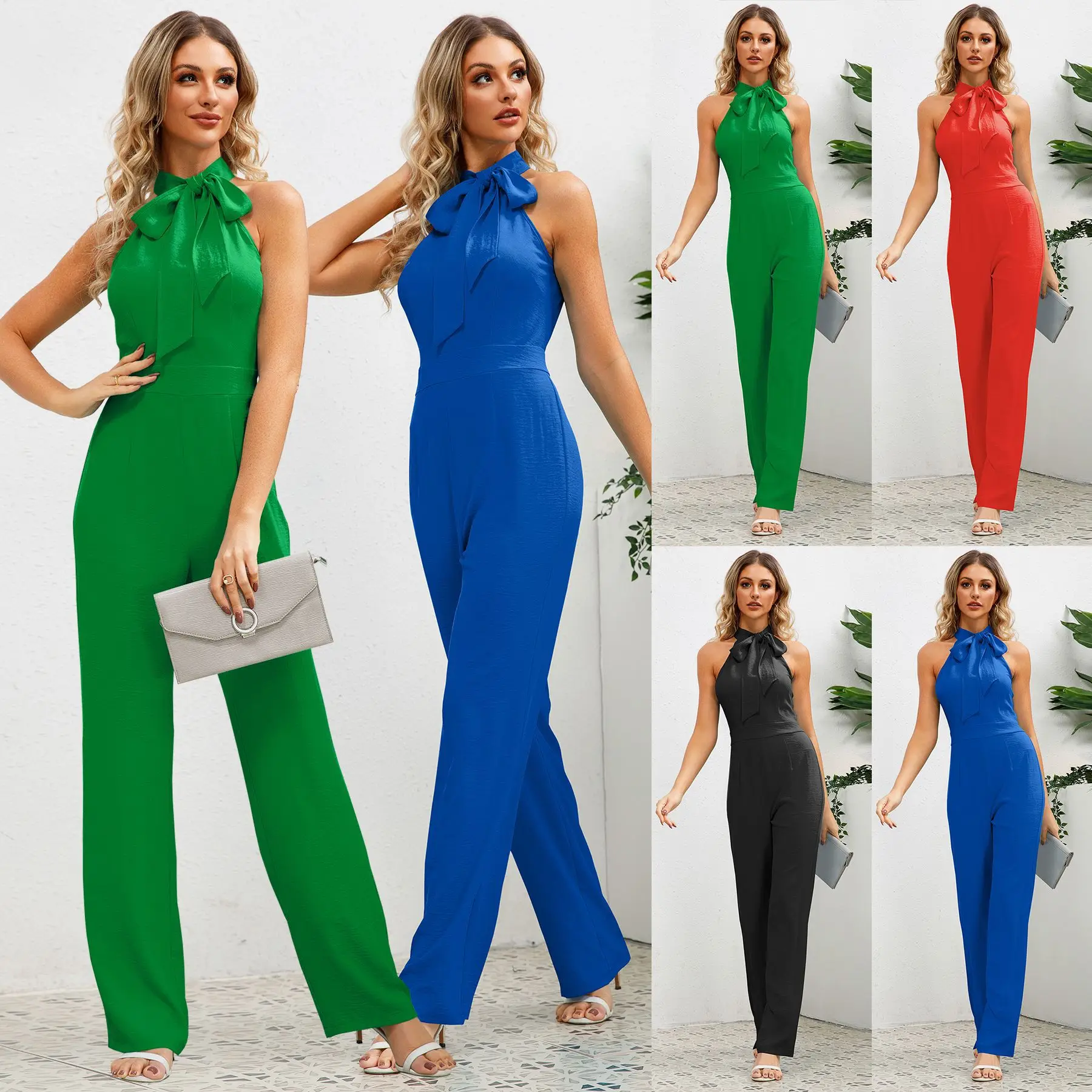 High Quality 2024 Summer Hot Selling Sexy Slim Fit Temperament Jumpsuit Sleeveless Stand Up Collar Bow Straight Leg Long Pants