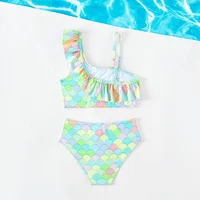 New Children's Angled Shoulder Strap Split Swimsuit Girls Printed Ruffles Quick-Drying Breathable Bikini Swimwear Beach Wear 4