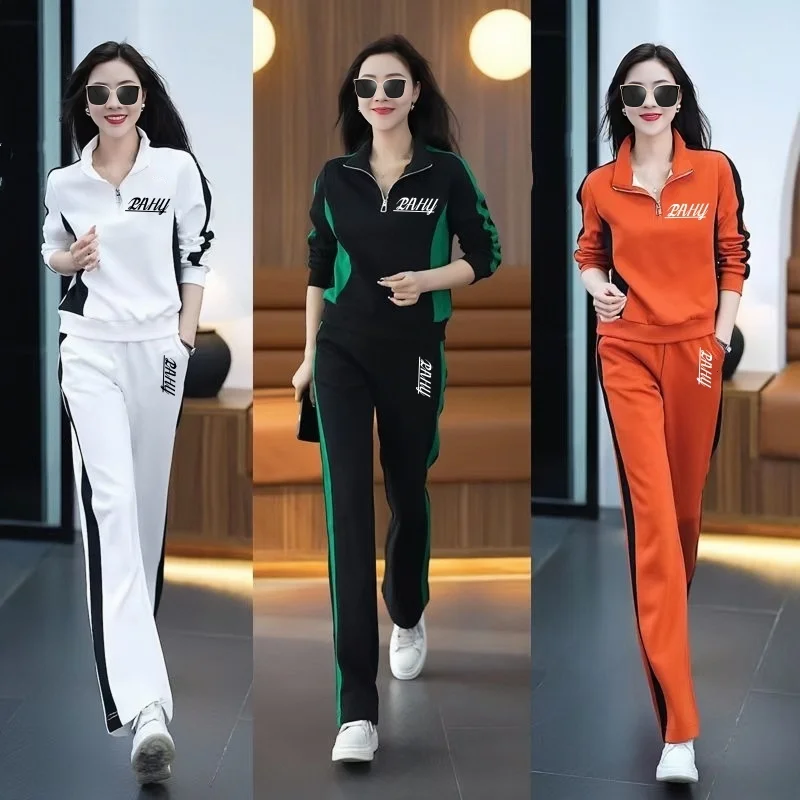 Casual sports suit for women spring and autumn 2024 new fashion stand-up collar sweatshirt wide-leg pants two-piece set [fila]fila sports sweatshirt