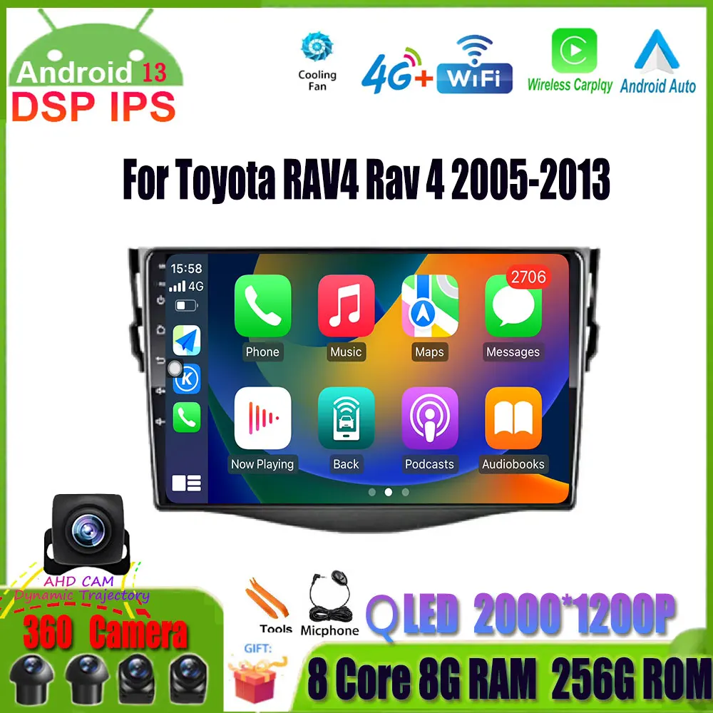 

Автомобильный мультимедийный плеер 9 дюймов, Android 13 BT, GPS-навигация для Toyota RAV4 Rav 4 2005-2013, 4G LET, Wi-Fi, стерео радио, 2 Din, DVD