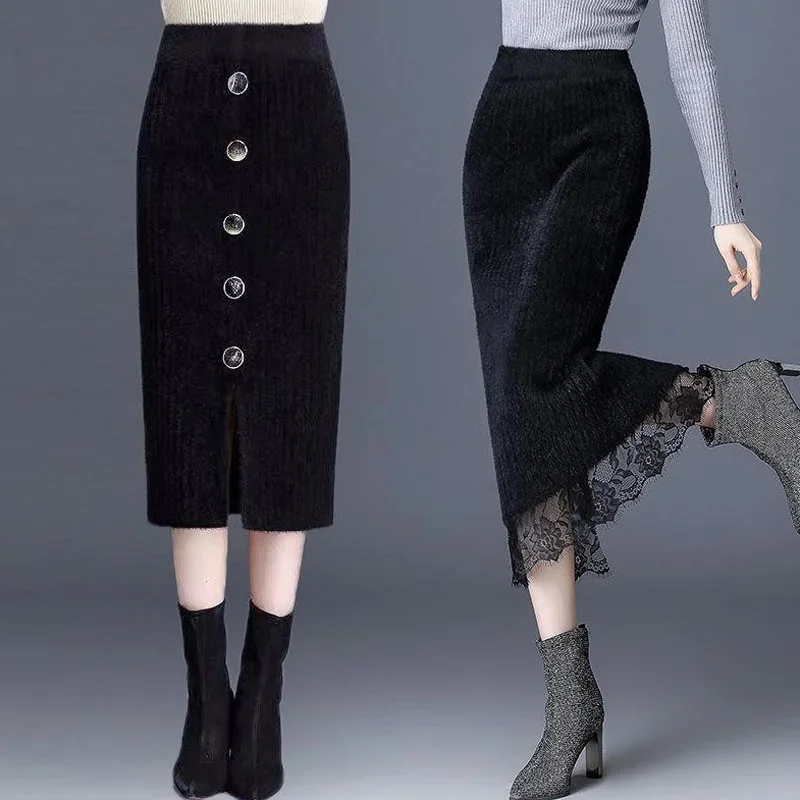 

Black Lace Patchwork Skirt Autumn Winter New Solid High Waist Split Hem A-line Fashion Elegant Women Clothing R78