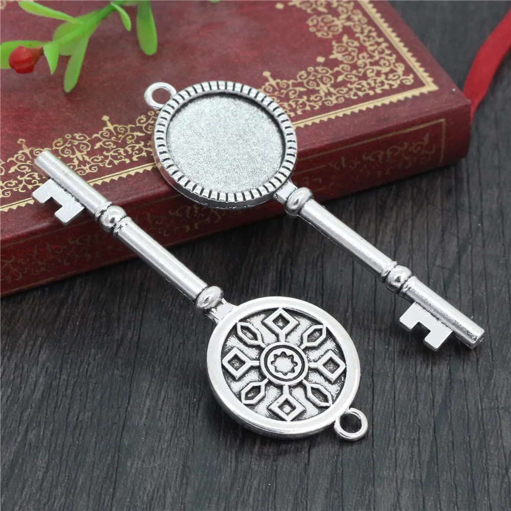 5pcs 20mm 내부 크기 골동품 실버 도금 및 청동과 블랙 클래식 키 스타일 카보 숑 자료 설정 매력 펜 던 트