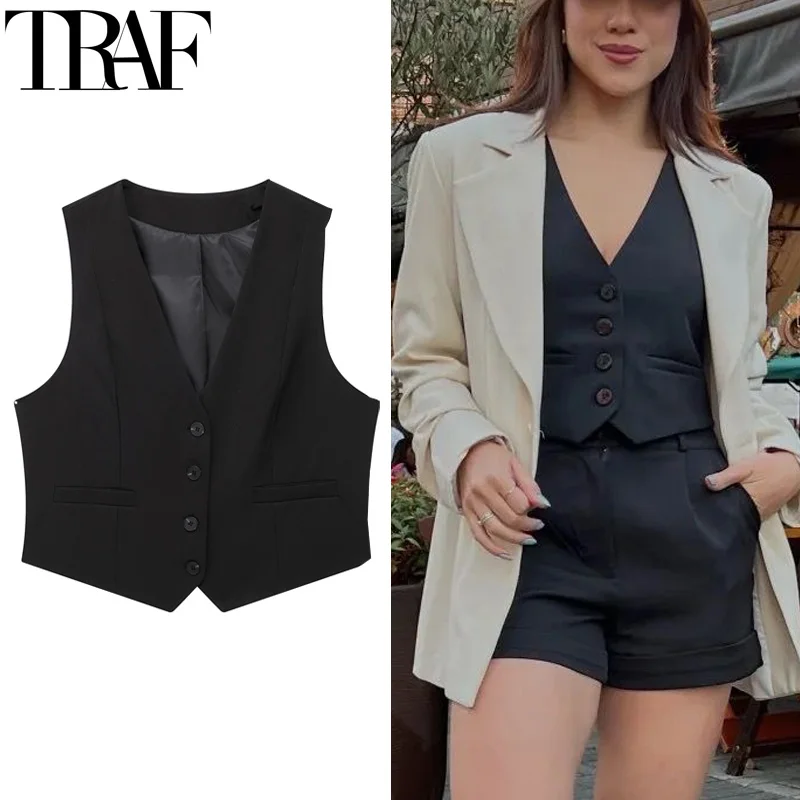 TRAF Cropped Formal Vests Woman Office Sleeveless Women's Suit Vest Summer Button Black White Short Vest Casual Working Vest