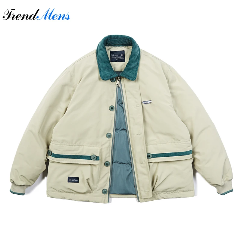 

Мужской вельветовый пуховик с отложным воротником и контрастной строчкой, мужской зимний трендовый Повседневный пуховик оверсайз в стиле ретро на молнии с большими карманами