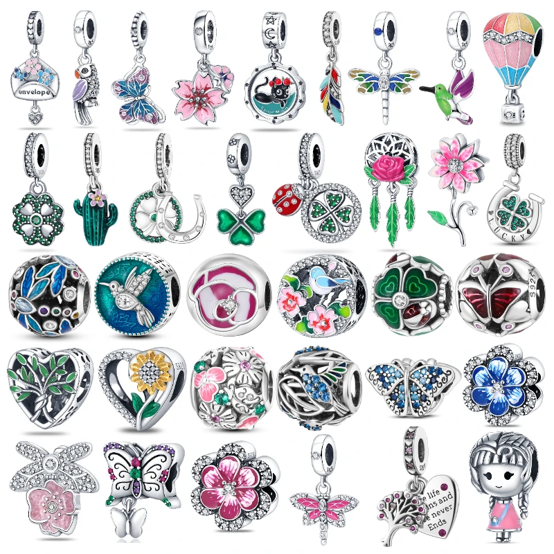 Charms Fit For Pandora Bracelet 100% 925 Sterling Silver Colorful Butterfly Dragonfly Hummingbird Flowers Charms Diy Jewelry