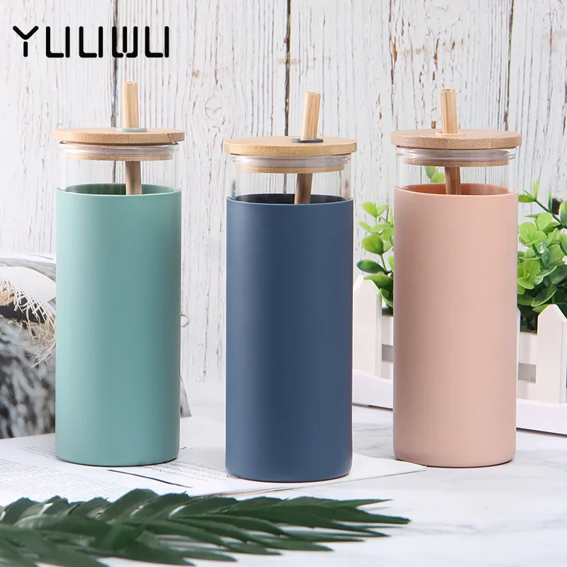 

500ml Glass Tumbler Glass Water Bottle Straw Silicone Protective Sleeve Cute Water Cup Bamboo Lid BPA Free Heat-resistant Gourde