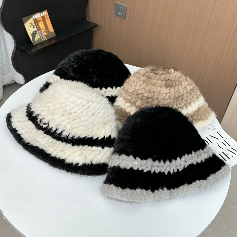 Damen-Mütze aus echtem Nerzfell, elegant, für den Winter, warm, Gehörschutz, Fischermütze, schicker Stil, Geschenk-Eimerhut – Detail 10