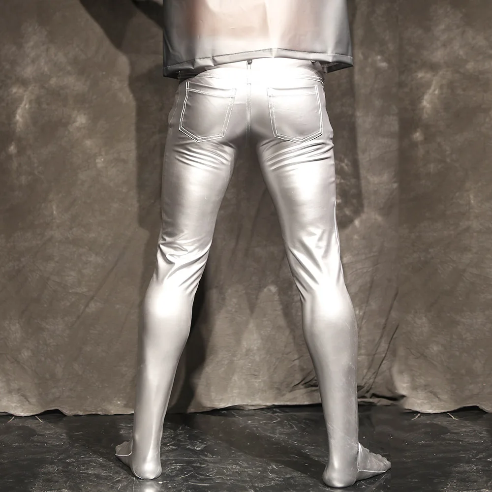 Men Pencil Pants Stretch Five Toe Trousers PU Leather Low Waist Tight Pantyhose Bulge Crotch Casual Sports Body-Shaping Leggings