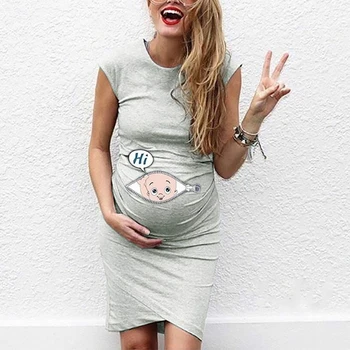 Summer Maternity Cartoon Baby Funny Print Dress, Casual Stretchy Short Sleeve Crew Neck Slim Fit Bodycon Long T-shirts 5