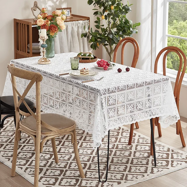 Nappe carrée Beige en dentelle ajourée, linge de table rétro européen brodé, décoration de jardin pour fête de mariage, maison 5