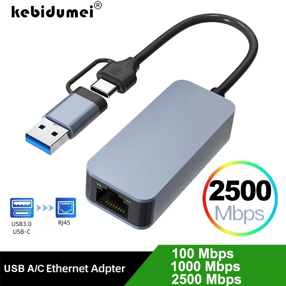 2.5G 2500M 네트워크 카드 어댑터 USB 3.0 유선 USB TypeC - Rj45 Lan 이더넷 어댑터 Lan 허브 (윈도우 8.1/10/11 PC/노트북용)
