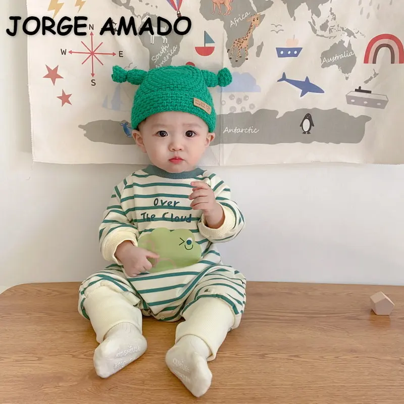 

Korean Style New Autumn Baby Girl Boy Romper Long Sleeves Green Striped Dot Jumpsuit Infant Clothes E2263