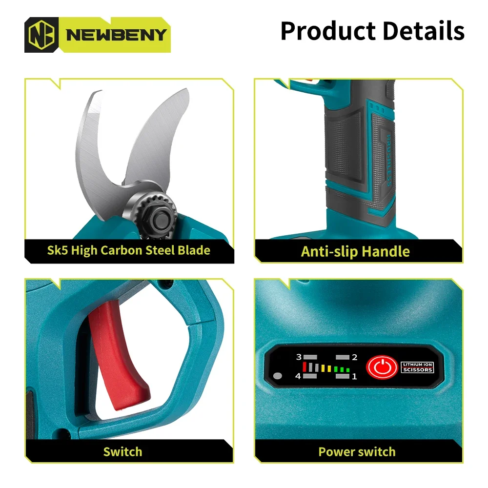 NEWBENY 30mm 4 Gear Brushless Electric Pruning Shears Rechargeable  Garden Fruit Tree Scissors Tool For Makita 18V Battery Pin — view 6