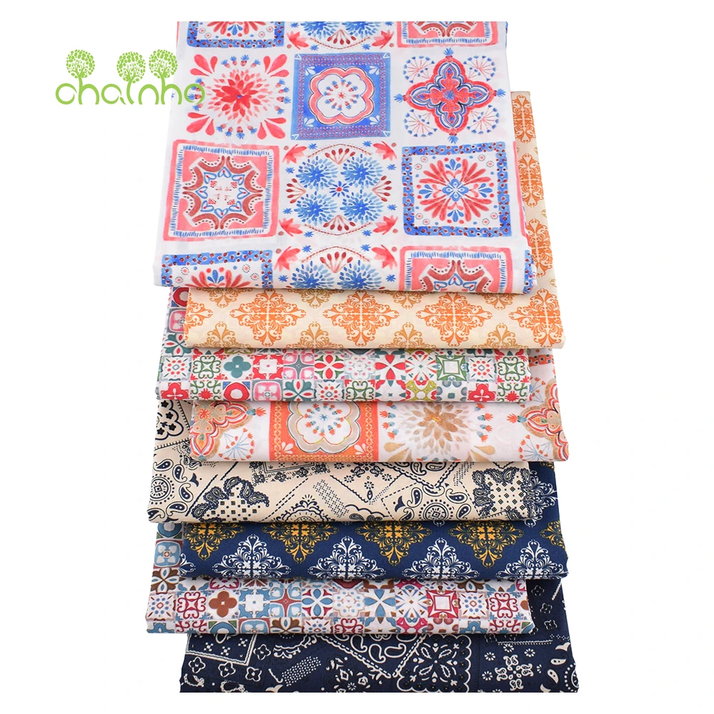 Chainho,Printed Plain Weave Poplin Cotton Fabric,DIY Sewing Quilting Material,Patchwork Cloth,Floral Series,3 Sizes,15PC160