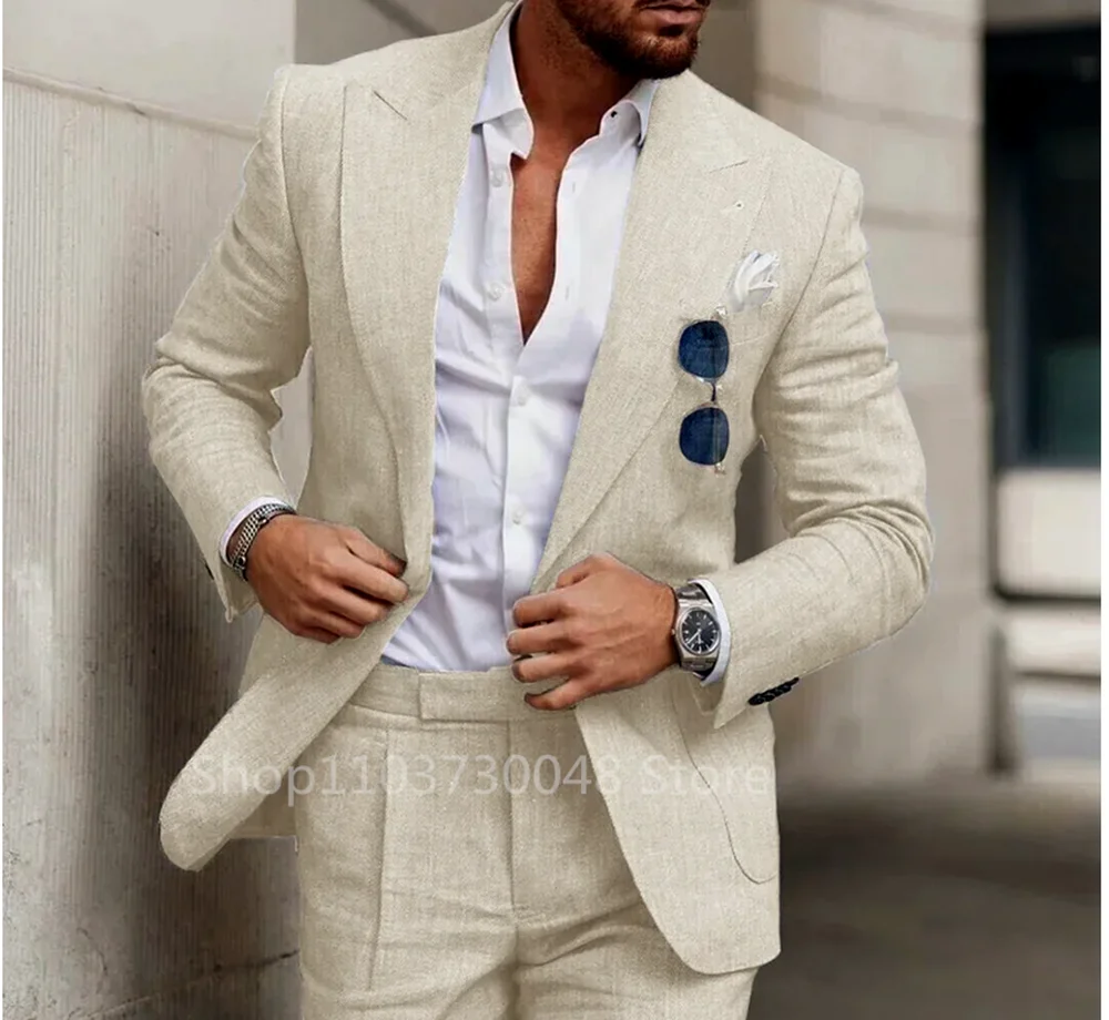Elegant Beige Linen 2-Piece Men's Suit Slim Fit Single Breasted Smart Casual Blazer with Pants High Quality Men's Costume Homme