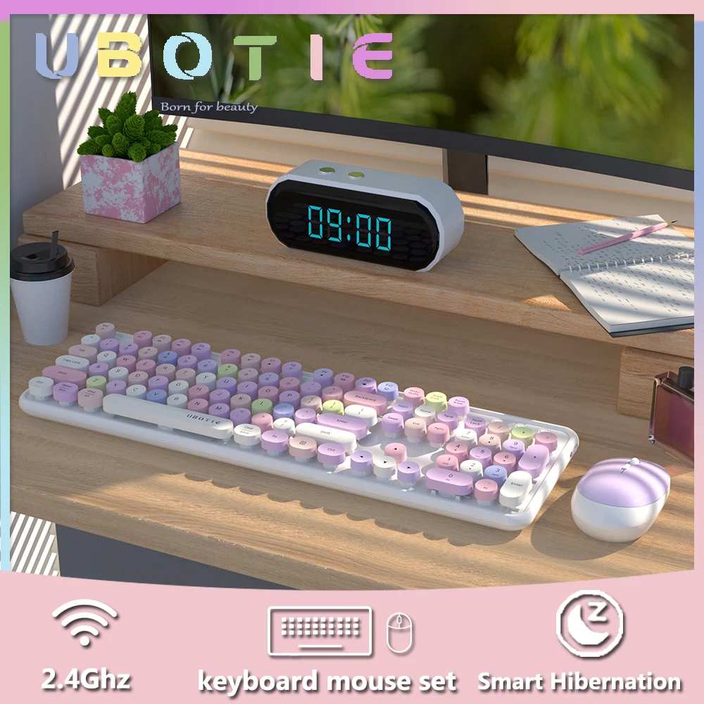 Wireless Keyboard and Mouse Set UBOTIE 104 Keys Round Retro Keyboard with Number Pad For Girl