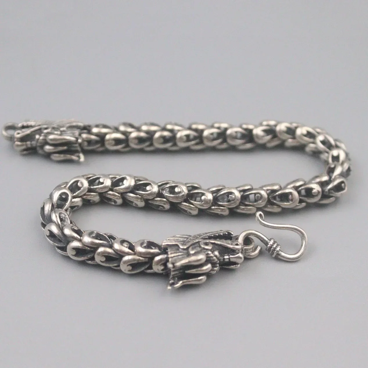 

S925 Sterling Silver Bracelet For Women 7mm Double Dragon Head Silver Bracelet 22cmL Gift