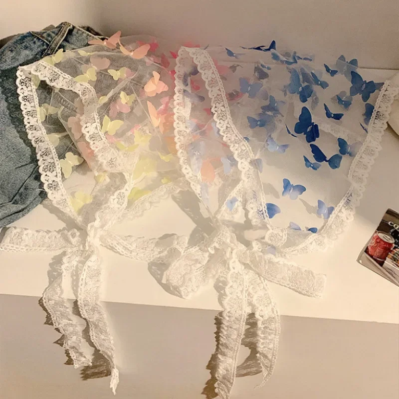 Dopamine Butterfly Lace Headscarf Sheer Silk Triangle Hair Wrap for Women Adjustable Beach Summer Accessory DIY Boho Headband
