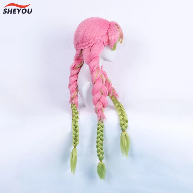 Kanroji Mitsuri Peruca Cosplay com boné, cabelo sintético longo, verde e rosa, resistente ao calor, anime, halloween, alta qualidade