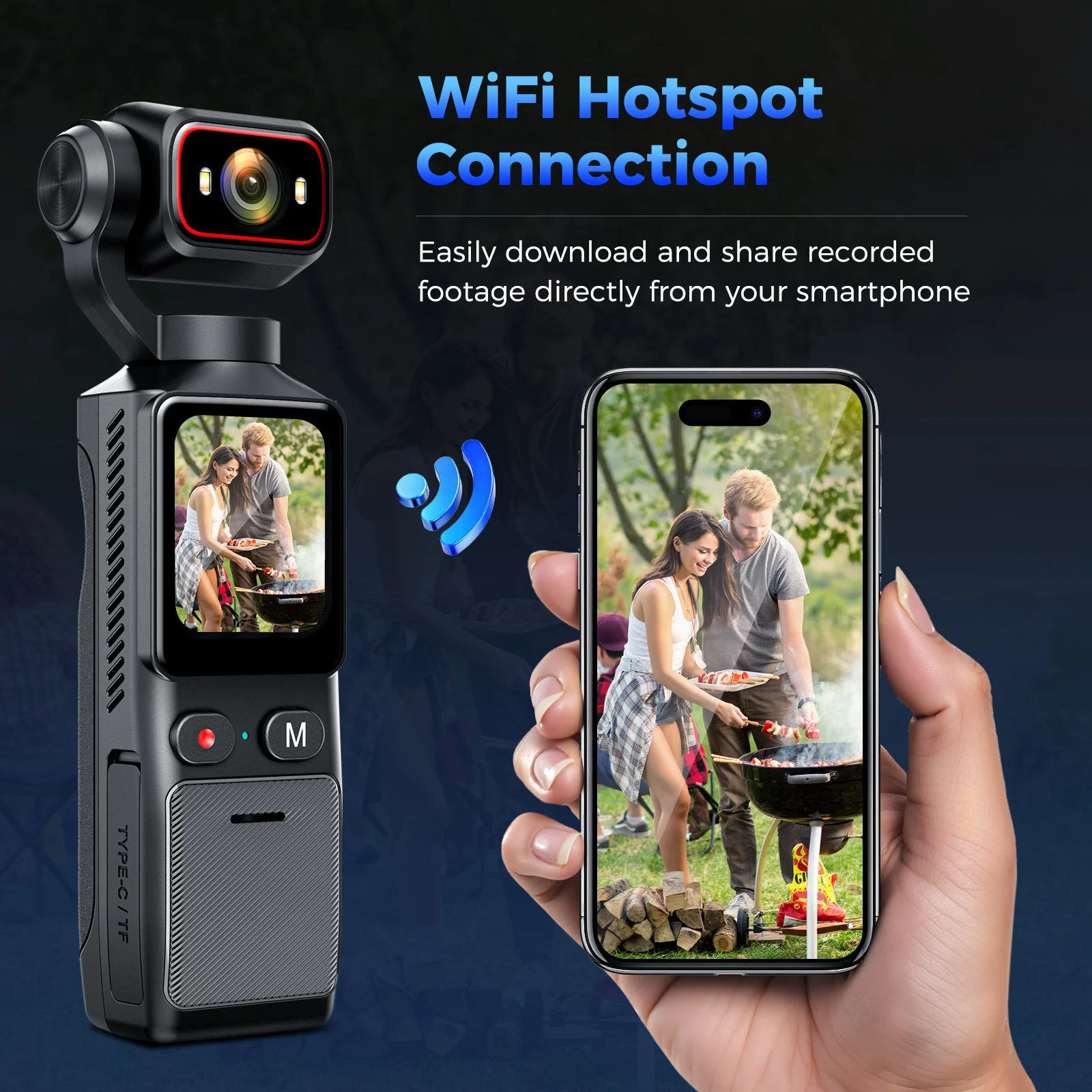 Caméra d'action sportive 4K avec WIFI et écran tactile 1,69 pouces en action lors d'une session de surf.