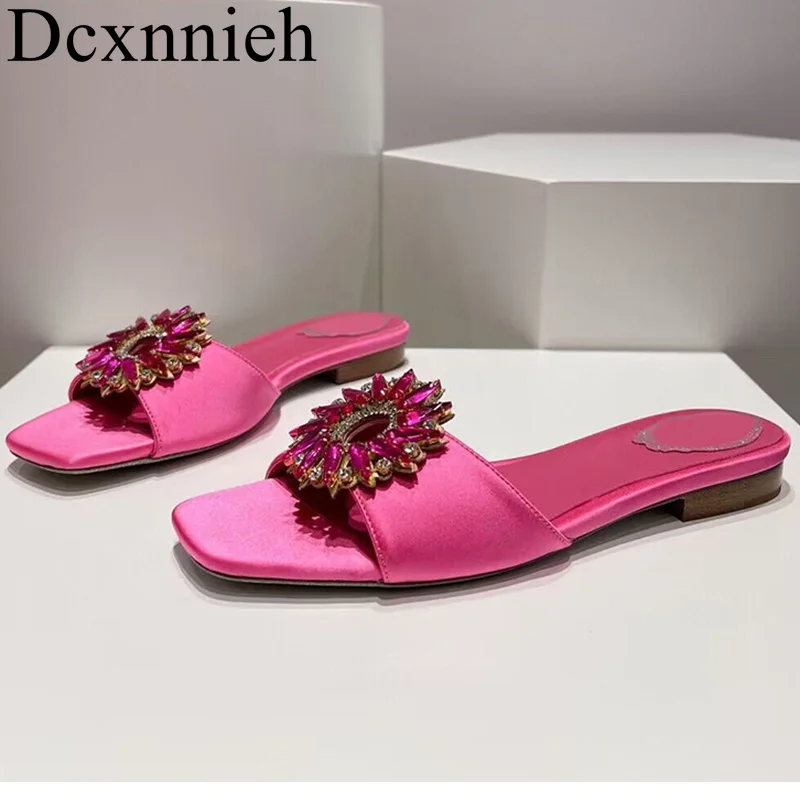 

New Rhinestone Flower Decor Flat Heels Slippers Women's Satin Finish Open Toe One Strap Slides Summer Square Toe Dress Shoes