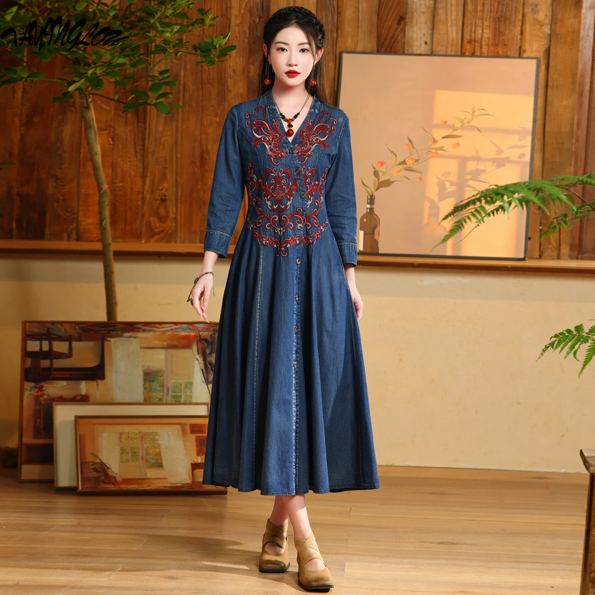 women-clothing-2023-autumn-winter-female-vestidos-slim-cardigan-v-neck-dress-embroidery-retro-denim-large-size-long-dresses