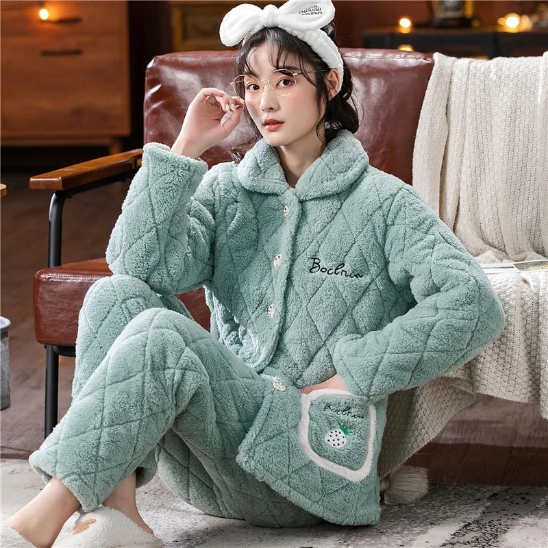 

2023 New Pajamas Women Winter Three Layers Loungewear Thickened Cotton Coral Velvet Flannel Sleepwear Warmth Autumn Homewear