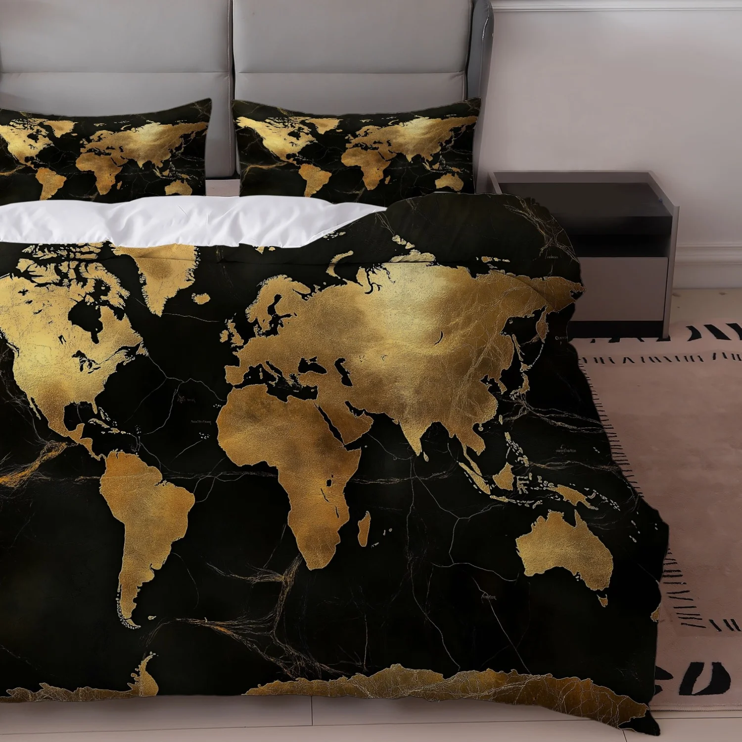 3Pcs Black Golden World Map Duvet Cover Set, Luxury Polyester Bedding with Pillowcases, Zipper Closure All Season for Modern Bed