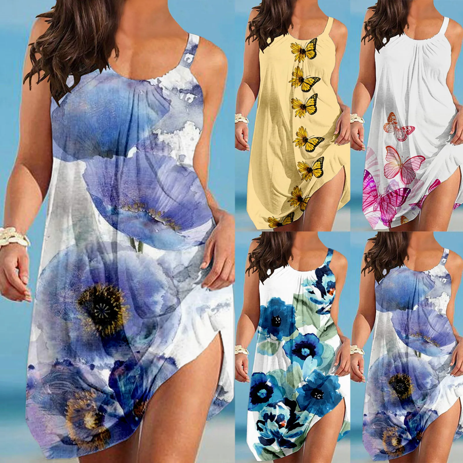 

Women Summer Dress Women Summer Casual Sexy Beach Vacation Round Neck Sleeveless Butterfly Flower Print Dress Robe Mujer