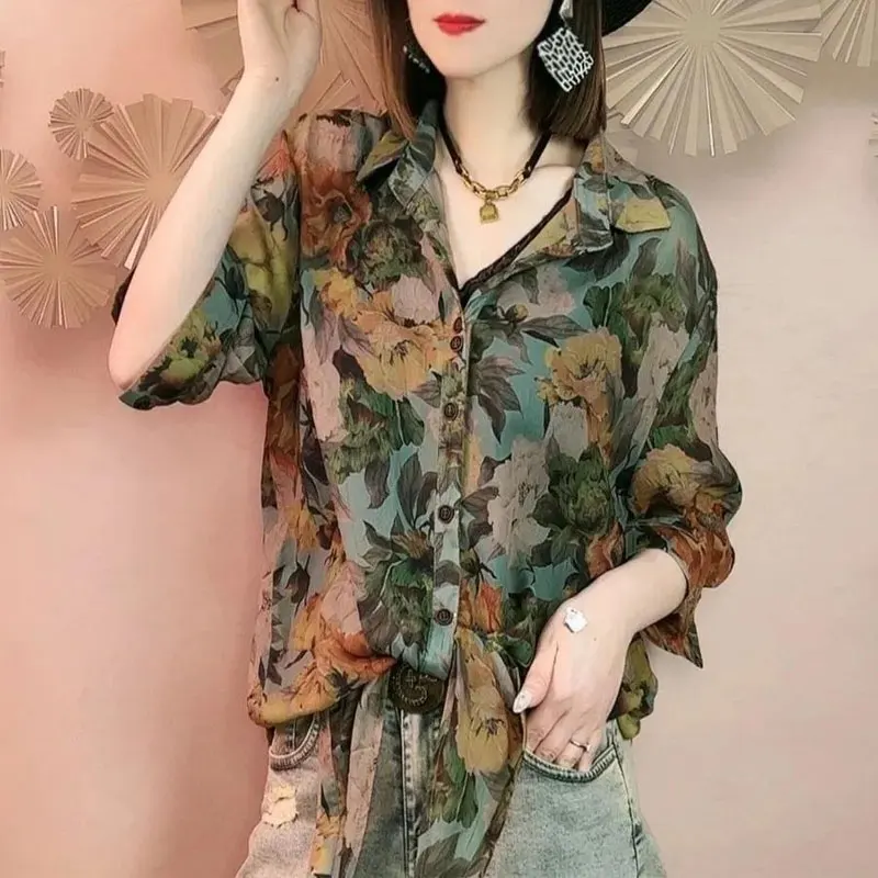 Women's Clothing Vintage Flowers Printed Blouse Spring Summer 3/4 Sleeve Commute Lapel Single-breasted Stylish Bandage Shirt New