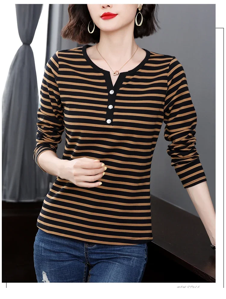 

Pure cotton long sleeve T-shirt v-neck frock ladies' spring clothing, backing the new stripe unlined upper garment